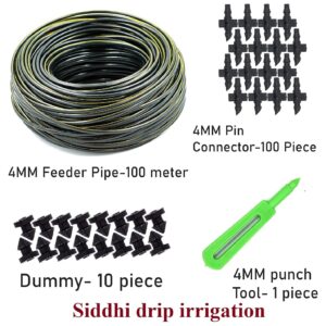 Drip Irrigation 4MM Feederline Pipe (100 Meter) with 4mm Pin Connector(100) p, Dummy hole (10) p, 4mm Punch tool 1