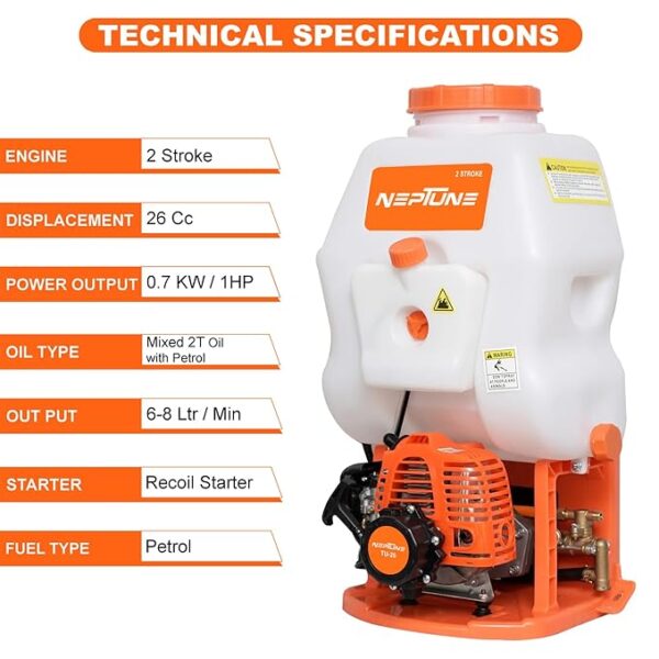 Neptune Knapsack Sprayer VN-708 (AL), 20L Knapsack Power Sprayer with Aluminum Pump , 2 Stroke and 26cc Engine - Image 2